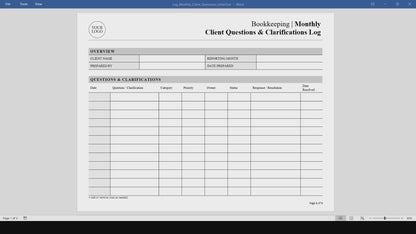 Bookkeeping Monthly Client Questions & Clarifications Log Template (Word, PDF)