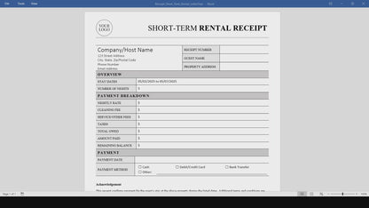 Short-Term Rental Receipt Template (Word, PDF)