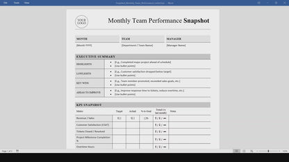 Monthly Team Performance Snapshot Template (Word, PDF)