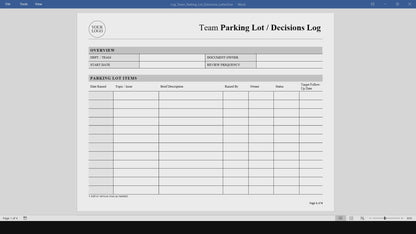 Team Parking Lot / Decisions Log Template (Word, PDF)