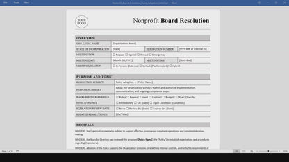 Nonprofit Board Resolution Template: Policy Adoption (Word, PDF)