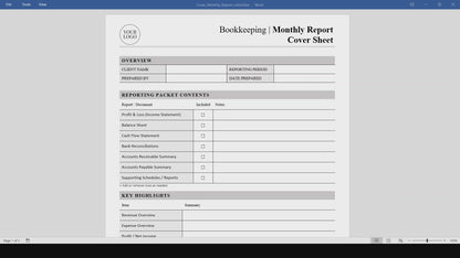 Bookkeeping Monthly Report Cover Sheet Template (Word, PDF)