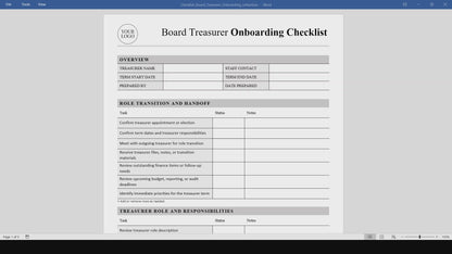 Nonprofit Board Treasurer Onboarding Checklist Template (Word, PDF)