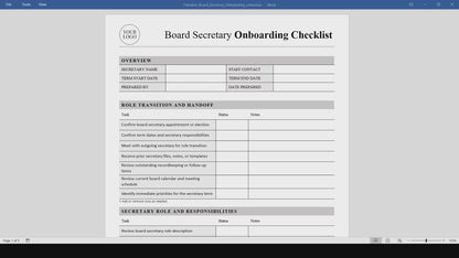 Nonprofit Board Secretary Onboarding Checklist Template (Word, PDF)
