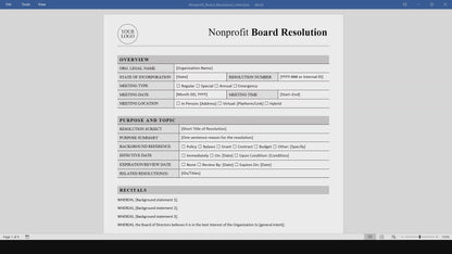 Simple Nonprofit Board Resolution Template (Word, PDF)