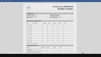 Bookkeeping Month-End Deadline Calendar Template (Word, PDF)
