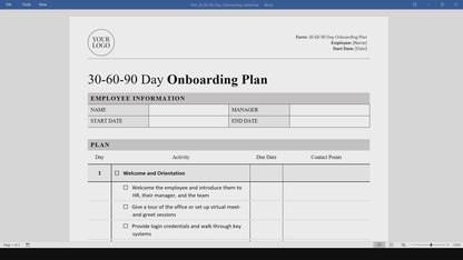 30-60-90 Day Onboarding Plan Template (Word, PDF)