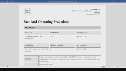 Cash Handling & Petty Cash Management SOP Template (Word & PDF) – Simple Standard Operating Procedure Template