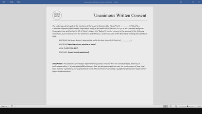 Nonprofit Unanimous Written Consent Template (Word, PDF)