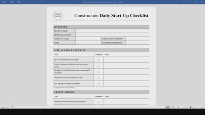 Construction Daily Start-Up Checklist Template (Word, PDF)