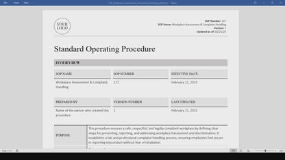 Workplace Harassment & Complaint Handling SOP Template (Word & PDF) – Simple Standard Operating Procedure Template
