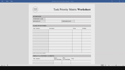 Task Priority Matrix Worksheet Template (Word, PDF)