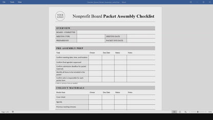 Nonprofit Board Packet Assembly Checklist Template (Word, PDF)