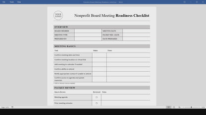 Nonprofit Board Meeting Readiness Checklist Template (Word, PDF)